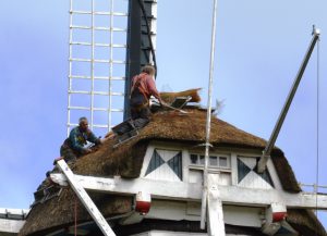 rietdekker op de kap van Olie- en Korenmolen Woldzigt - Roderwodle